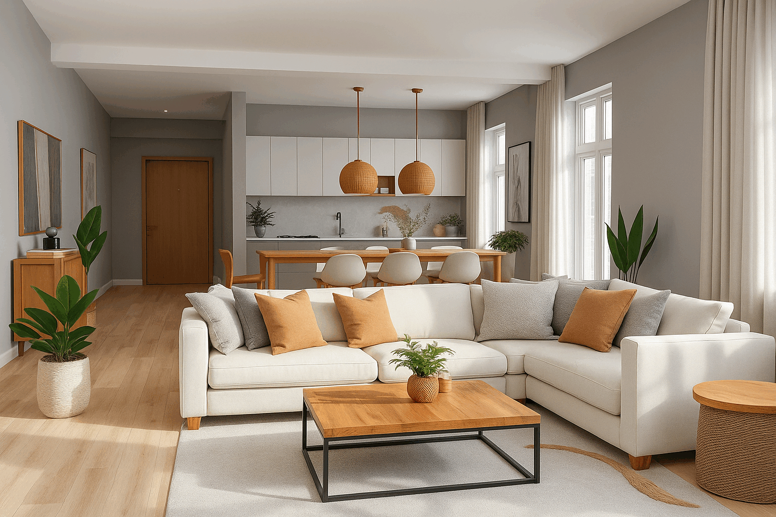 A cozy open-plan living and dining space featuring soft grey walls, beige curtains, a cream sectional sofa with warm-toned cushions, wooden furniture, and abundant natural light for a calm, inviting atmosphere.