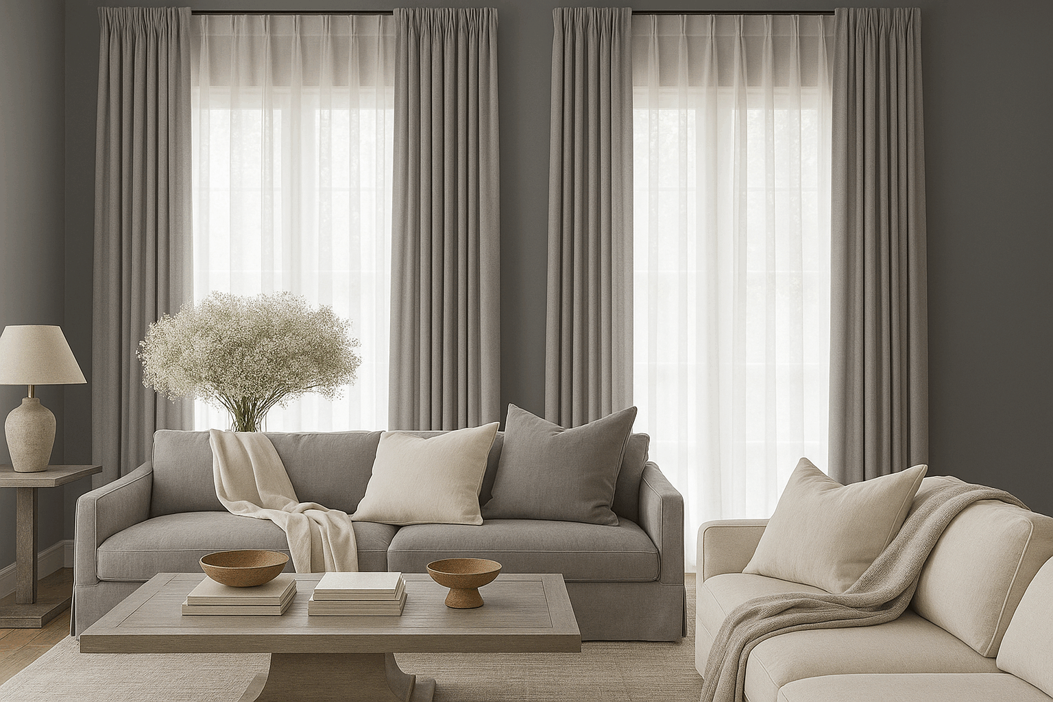 Living room with light gray walls, floor-to-ceiling curtains, a gray sofa with cushions, and a beige sofa with throw blanket around a wooden coffee table.