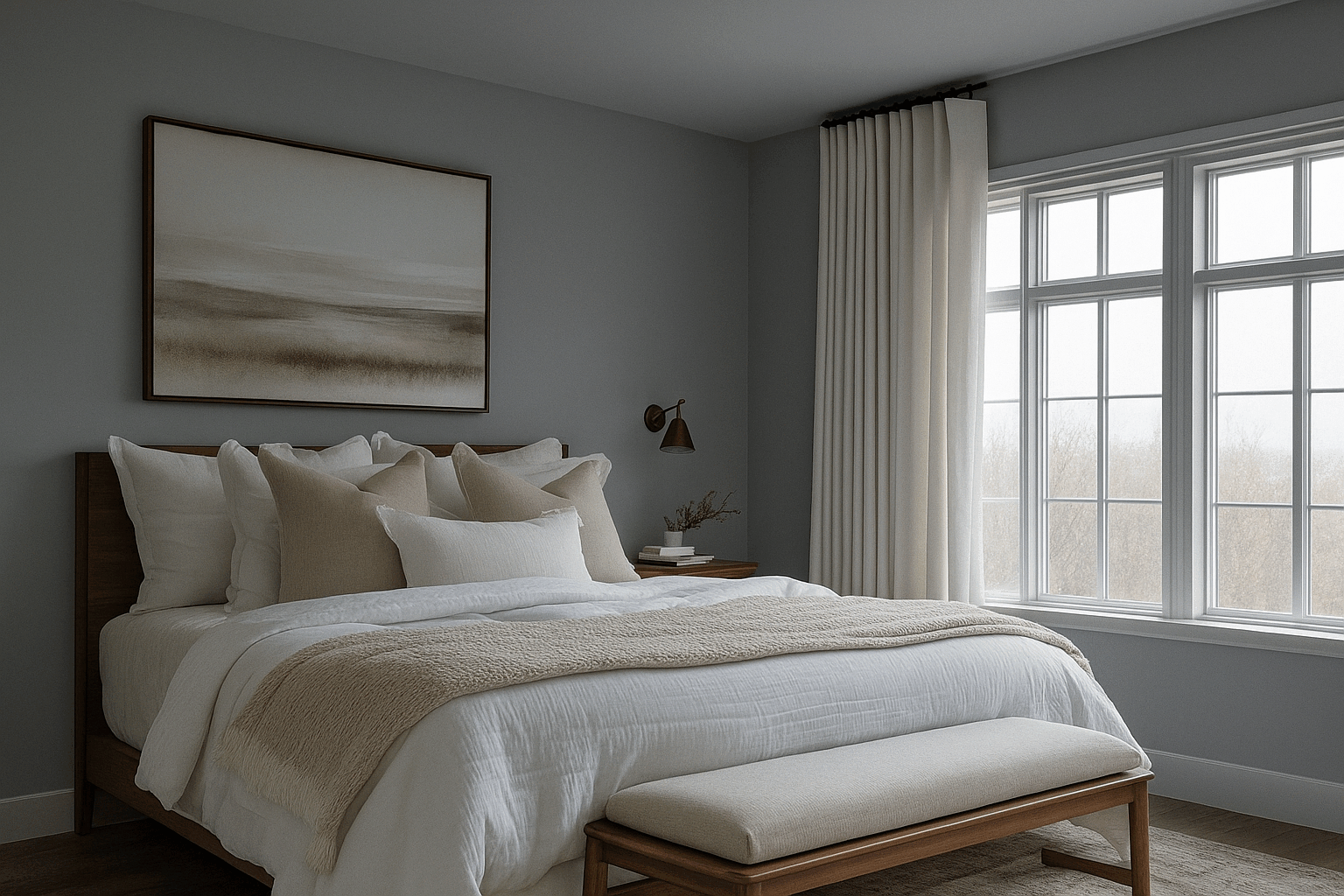 Bedroom with grey walls and ceiling, white curtains, wooden bed with beige and white bedding, and a window letting in natural light