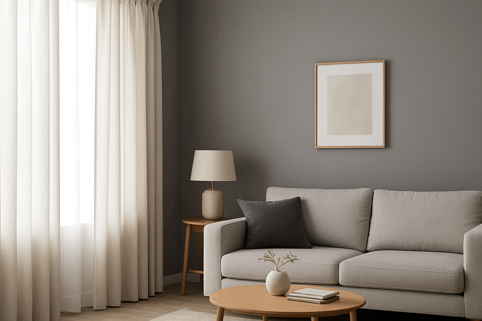 Modern living room with gray walls and cozy curtains, perfect inspiration for choosing curtain colors to match gray walls.