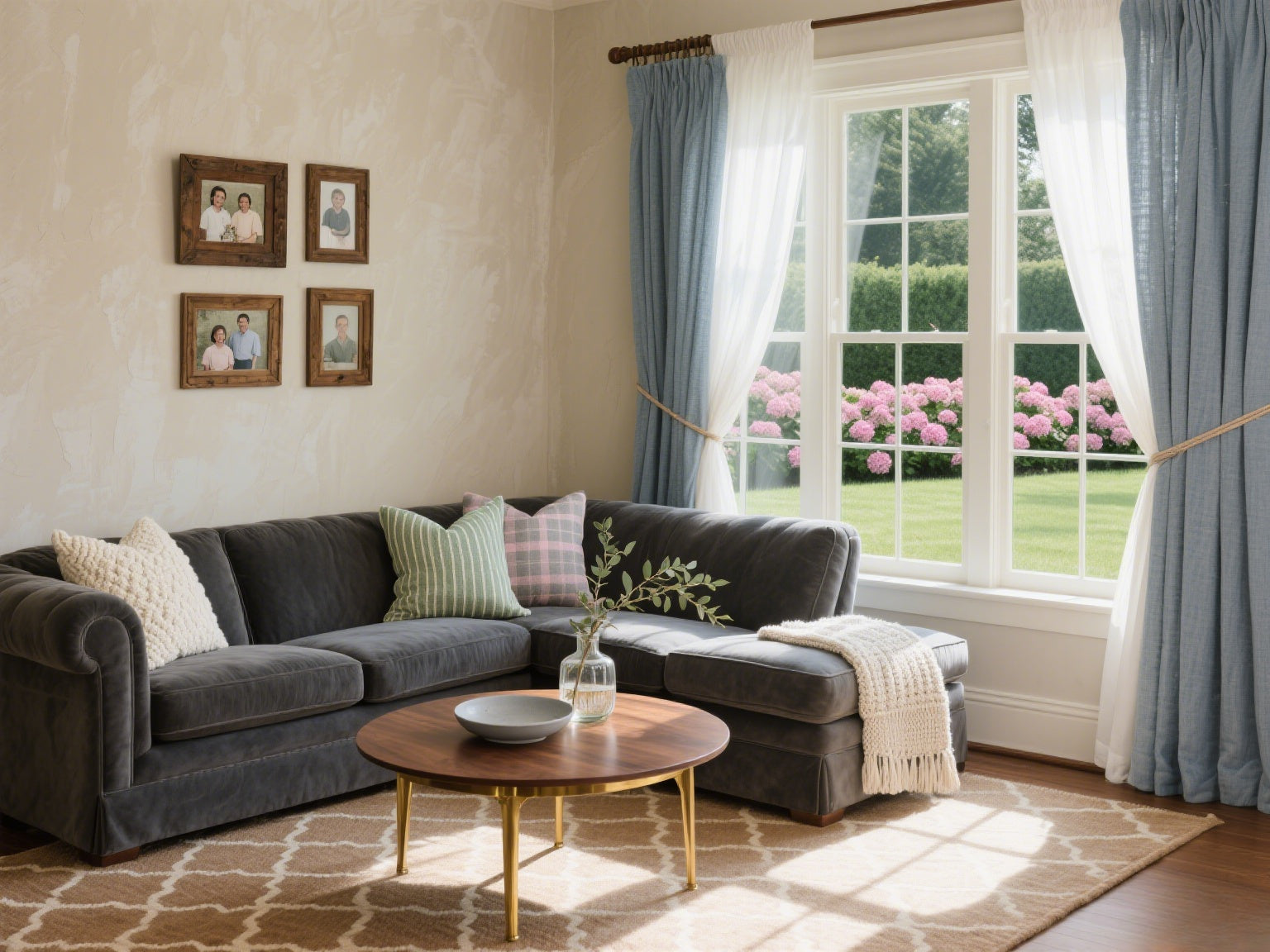 Grey couch with light blue curtains in a cozy American living room, featuring family photos and garden view.