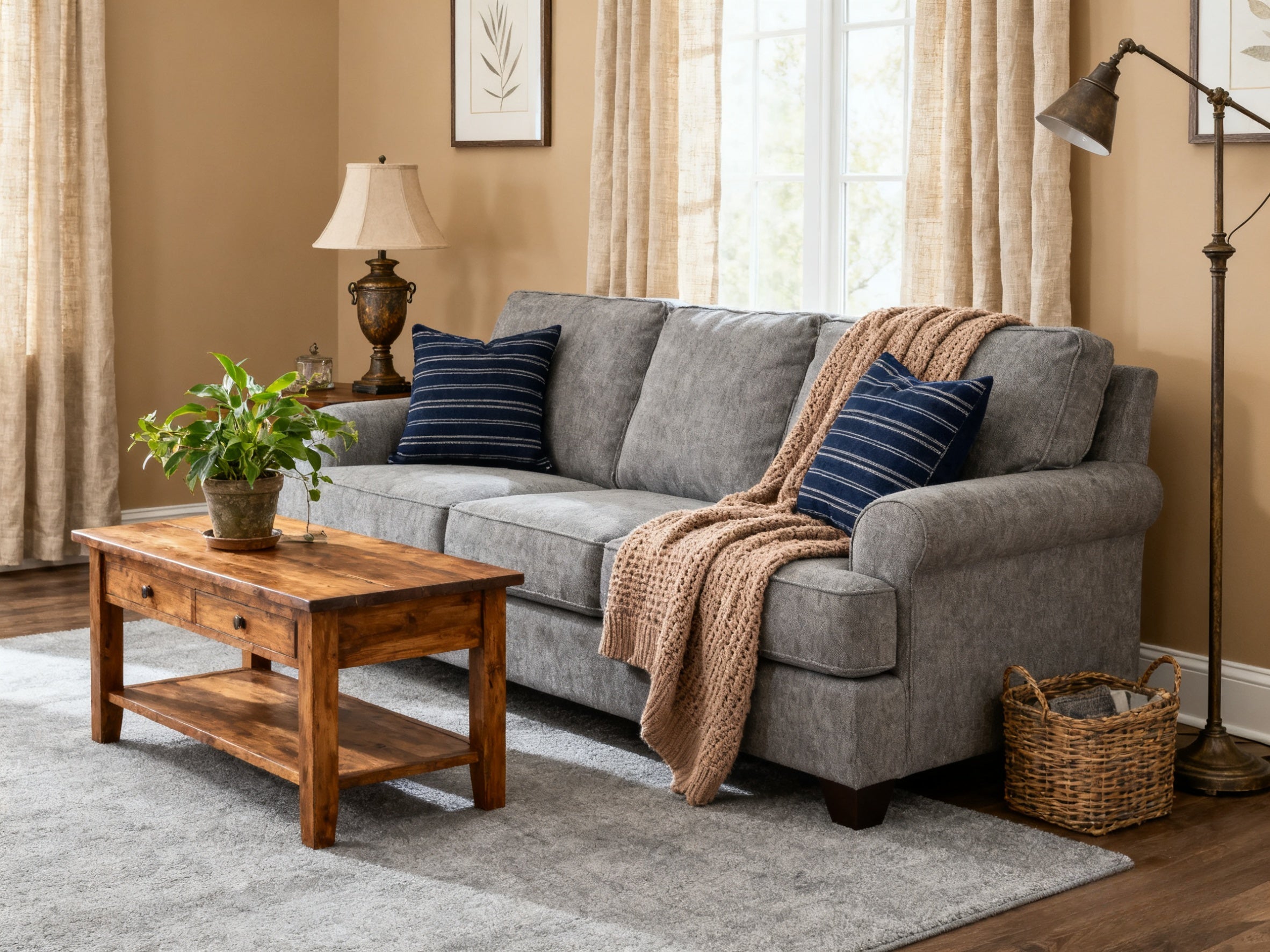 Living room with a gray couch, decorated with lavender and white curtains, illustrating what color curtains go with a gray couch.
