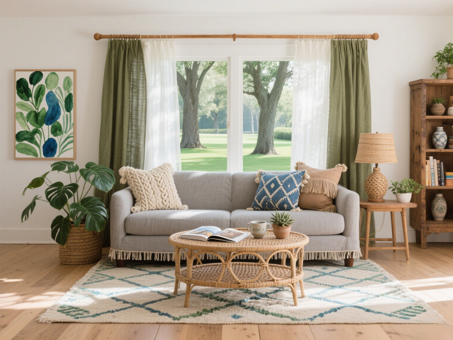 Grey couch paired with cozy curtains in a warm American living room scene