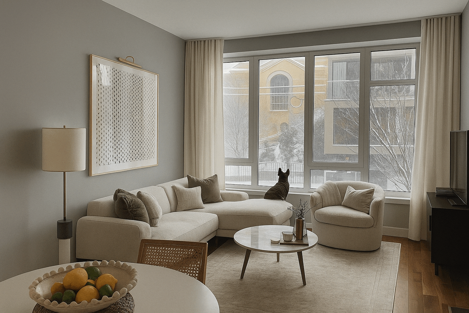 Elegant living room with gray walls and ivory white linen curtains from MrsAwesome, showing what curtain color for gray walls creates a bright, modern look.