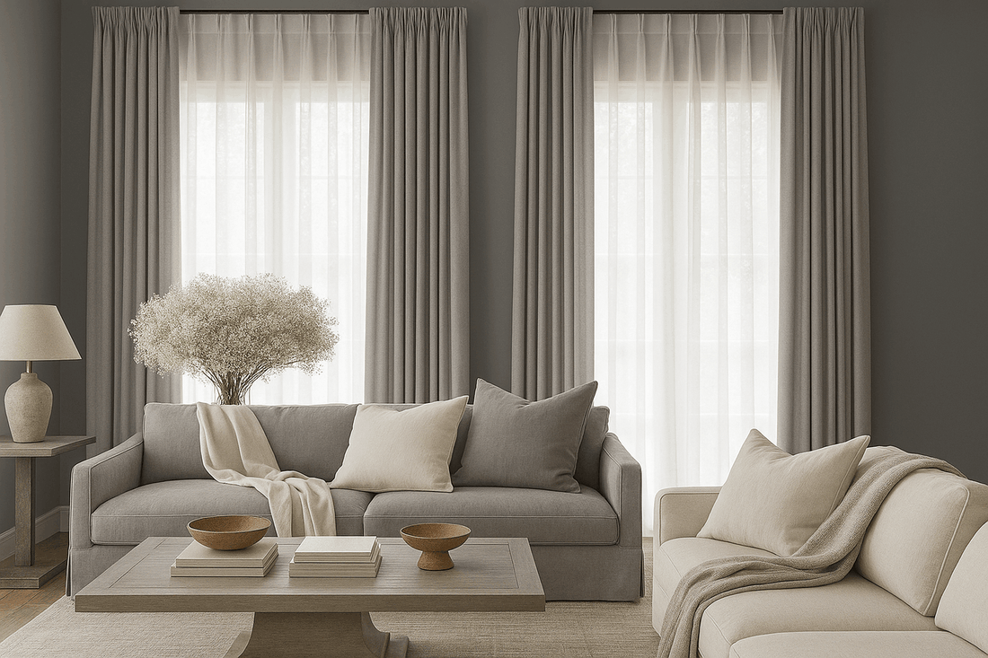 Living room with light gray walls, floor-to-ceiling curtains, a gray sofa with cushions, and a beige sofa with throw blanket around a wooden coffee table.