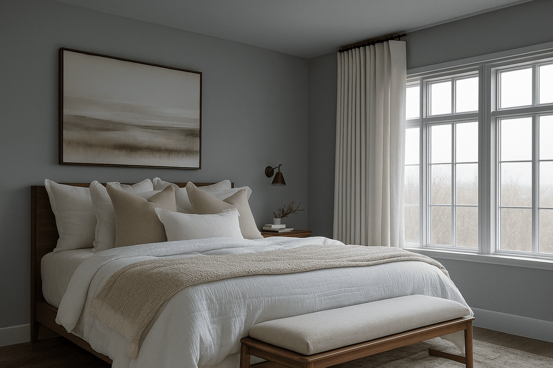 Bedroom with grey walls and ceiling, white curtains, wooden bed with beige and white bedding, and a window letting in natural light