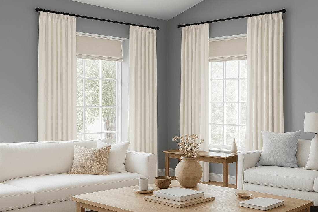 Living room with light grey walls, white sofas, and creamy white MrsAwesome curtains letting in natural light through large windows.