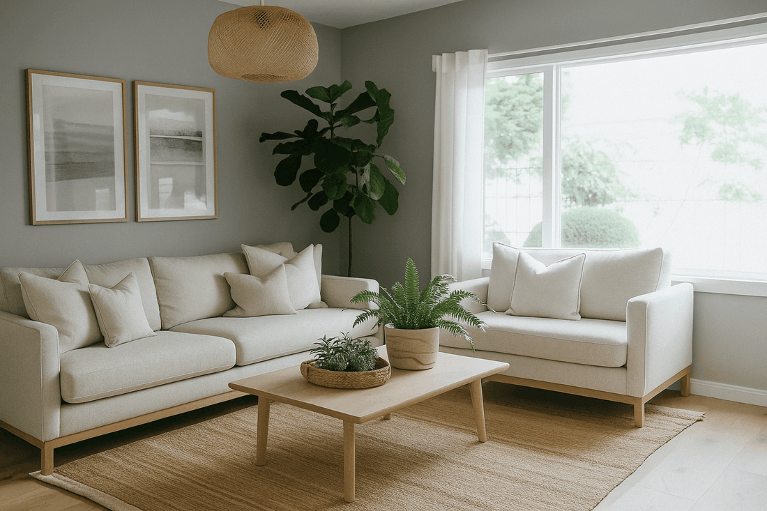 A modern living room with grey walls, beige sofas, wooden coffee table, indoor plants, and natural light through a large window.