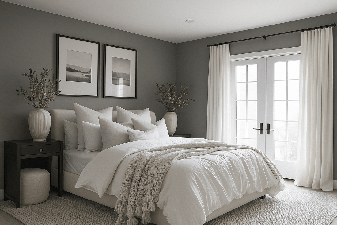 Bedroom with grey walls and ceiling, white bedding and a beige knitted throw, white curtains on French doors, creating a cozy minimalist style.