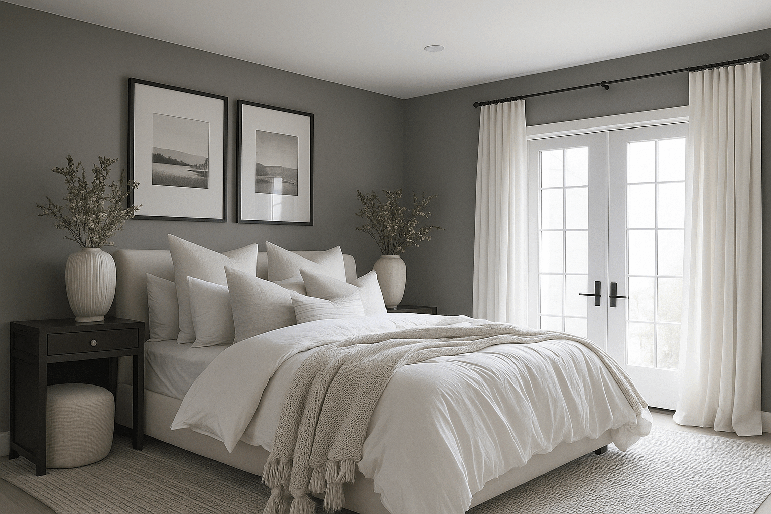 Bedroom with grey walls and ceiling, white bedding and a beige knitted throw, white curtains on French doors, creating a cozy minimalist style.