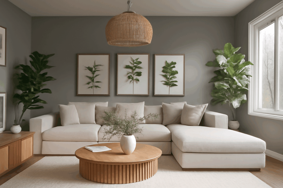 A cozy living room featuring a neutral-colored sectional sofa, round wooden coffee table, and indoor plants. The walls are painted in a soft gray, complementing the natural wood accents and light streaming through the window.