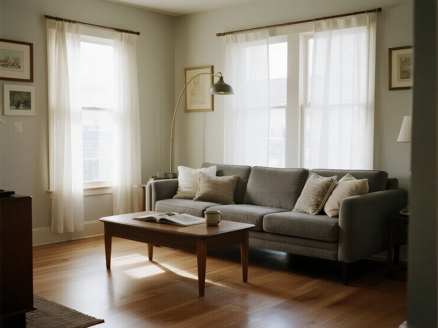 A bright living room with a gray sofa, throw pillows, a wooden coffee table with a book and a mug, and white curtains on the windows.