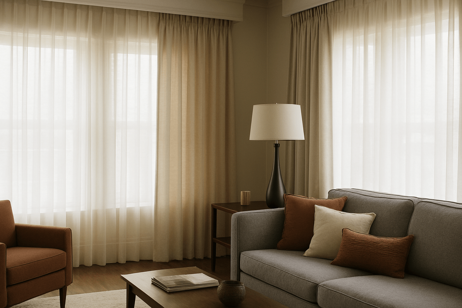 Modern living room with large windows, sheer curtains layered with dark drapes, a gray sofa with orange and cream pillows, and a contemporary floor lamp