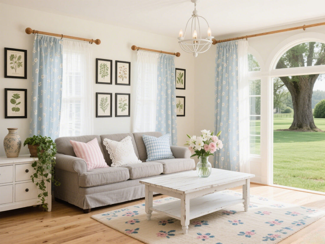 A bright living room with a light gray sofa, pastel pillows, floral curtains, a white coffee table, and large windows showing a green lawn outside.