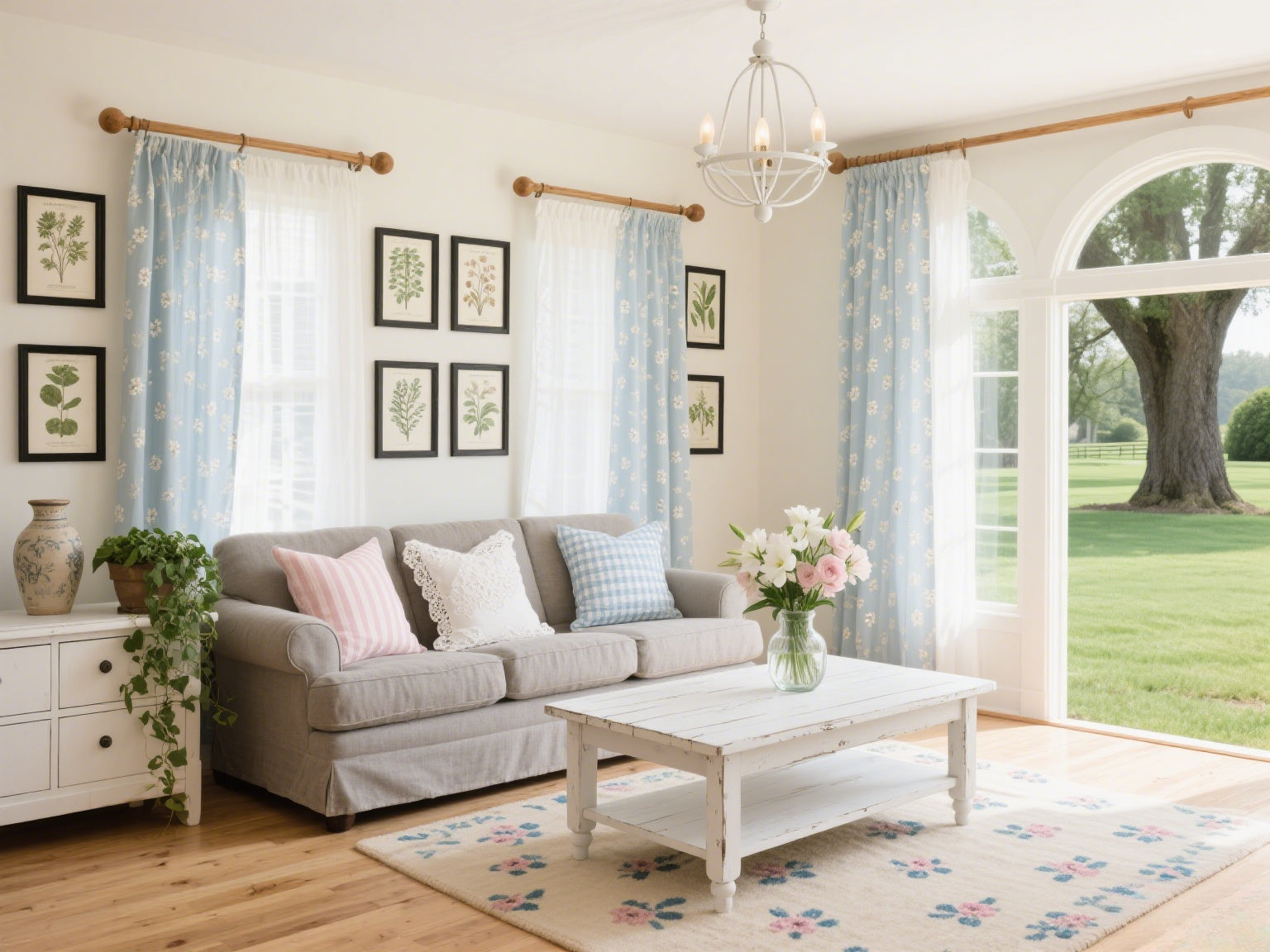 A bright living room with a light gray sofa, pastel pillows, floral curtains, a white coffee table, and large windows showing a green lawn outside.