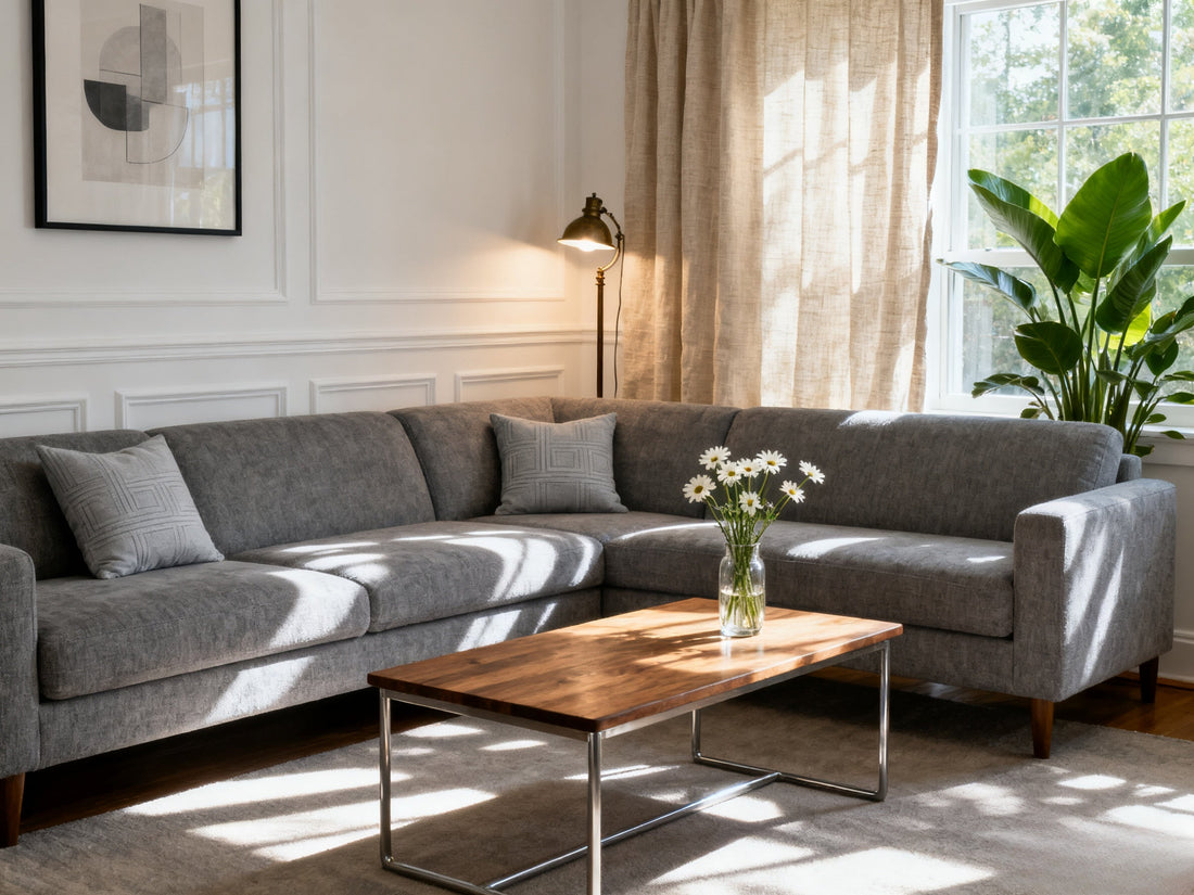 White curtains paired with a grey sofa in a bright, modern living room