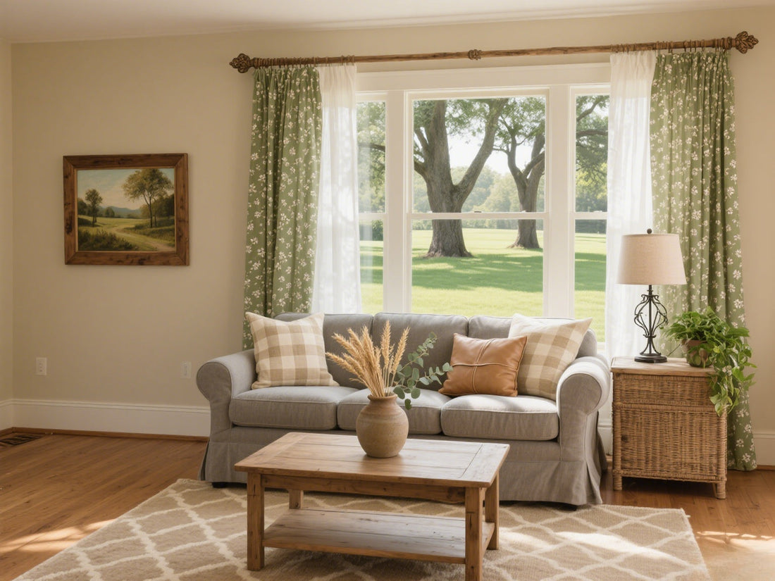 family living room: Medium gray cotton sofa with fog blue blackout curtains, caramel cushions, white plush carpet, warm textured ambiance