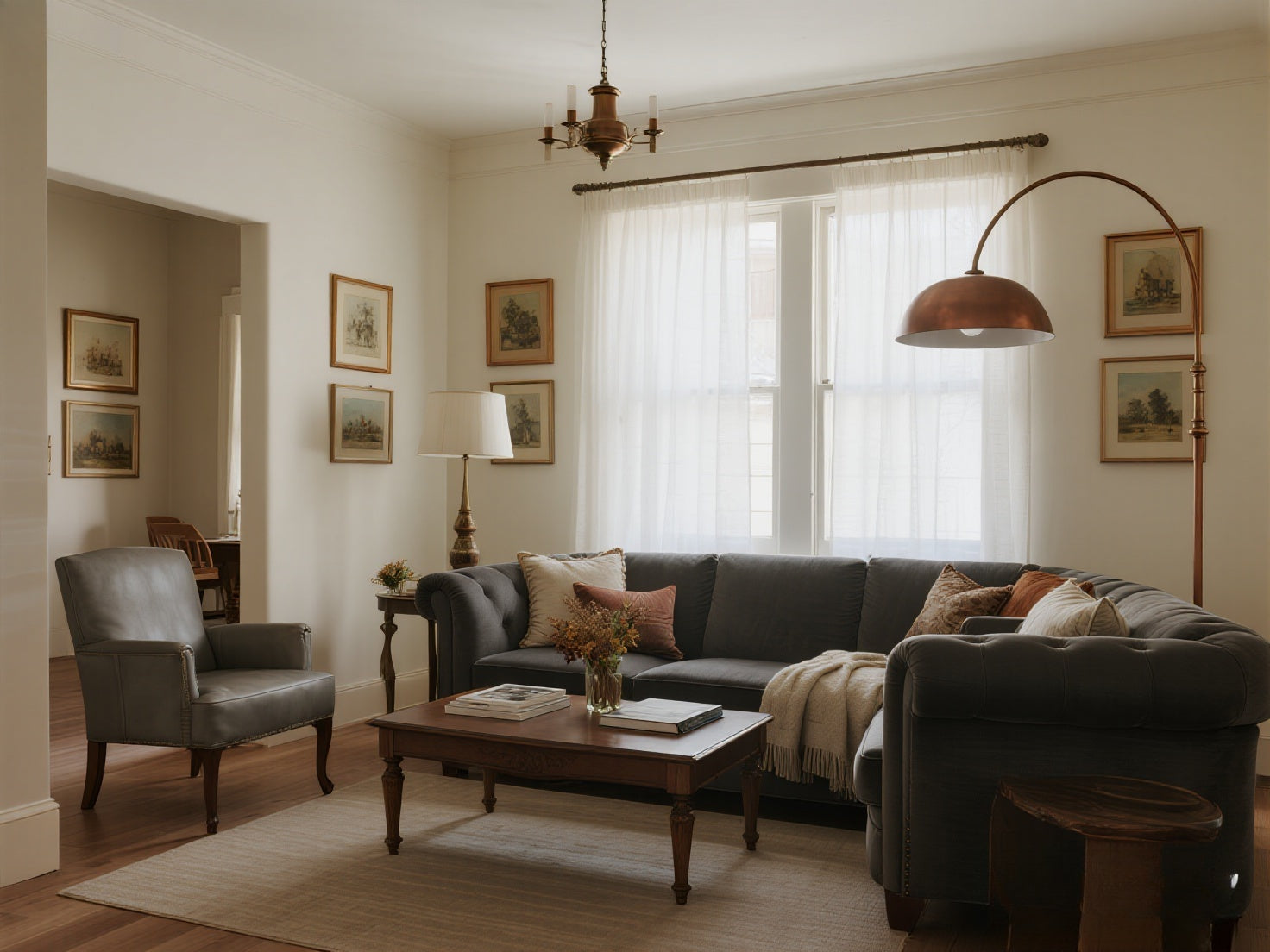 A cozy American-style living room with a gray velvet sofa, dark gray leather chair, wooden coffee table, white sheer curtains, and classic paintings, bathed in soft natural light.