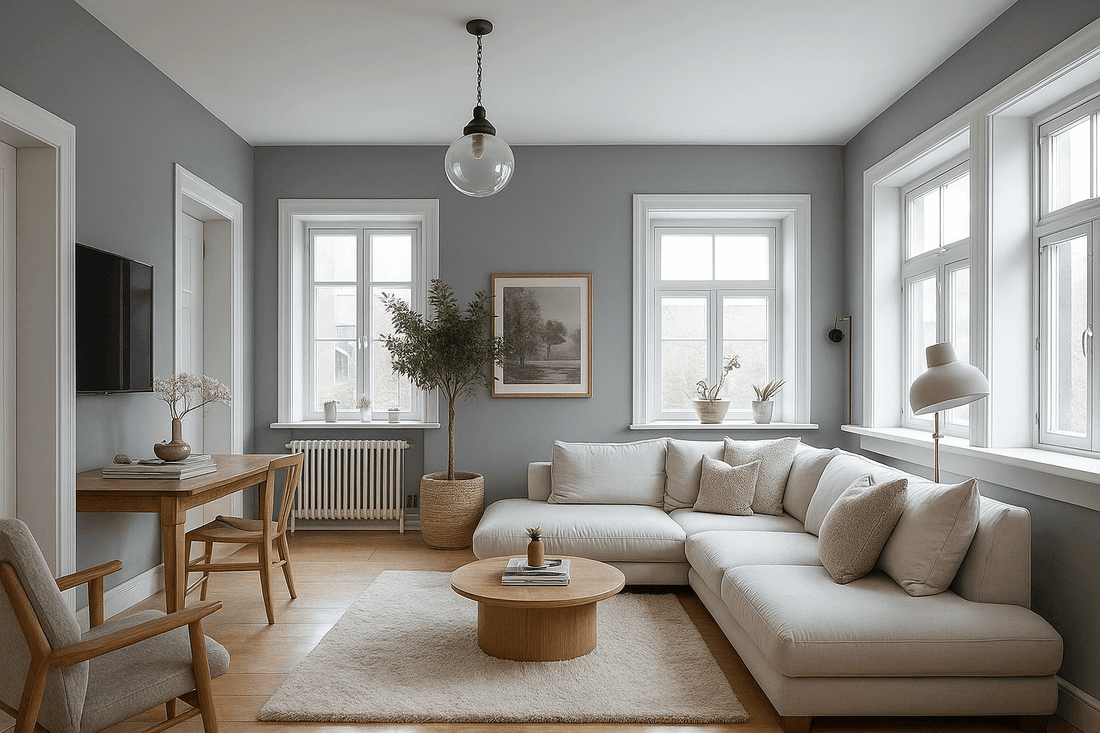 Modern living room with gray walls, beige sofa, and wooden furniture in natural light.