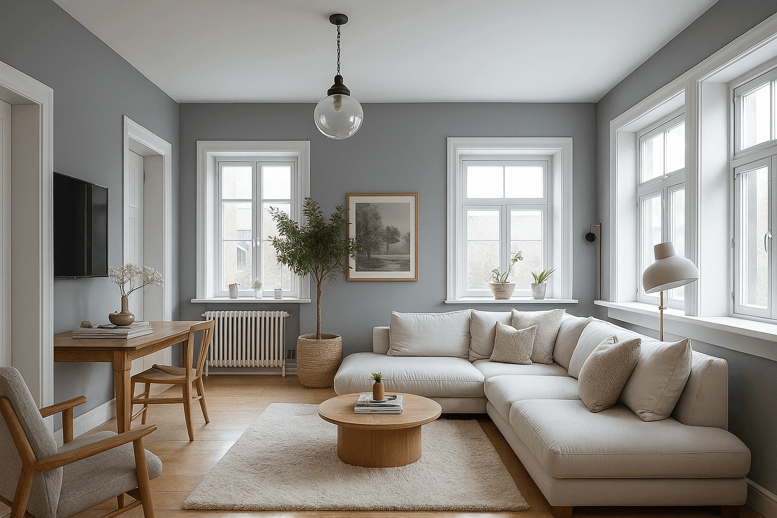 Modern living room with gray walls, beige sofa, and wooden furniture in natural light.