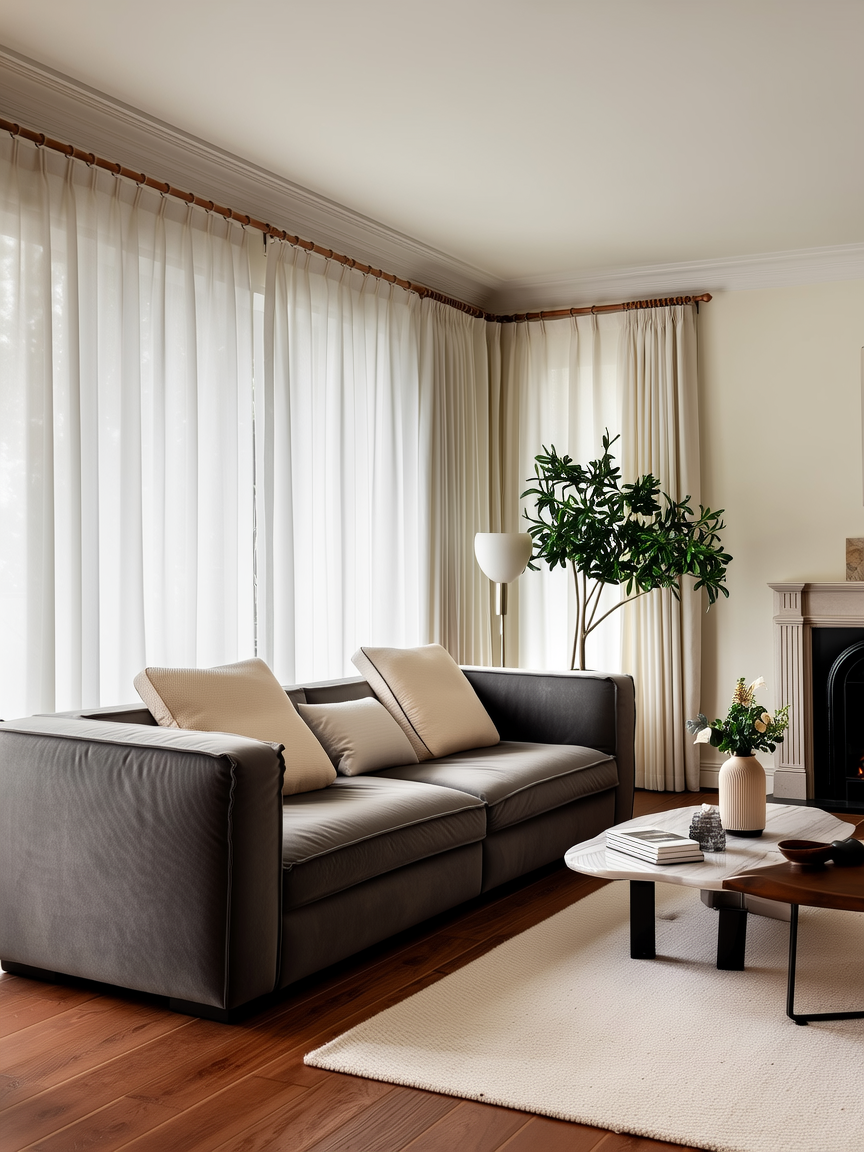 Grey sofa with soft white curtains in a bright, modern living room.